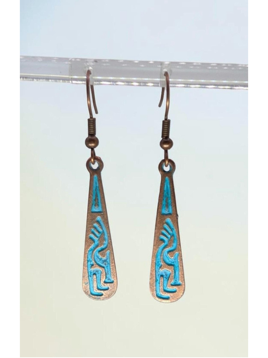 Handmade Jewelry - Kokopelli Dangle Earrings, Antique Style Copper Patina Tone Southwestern